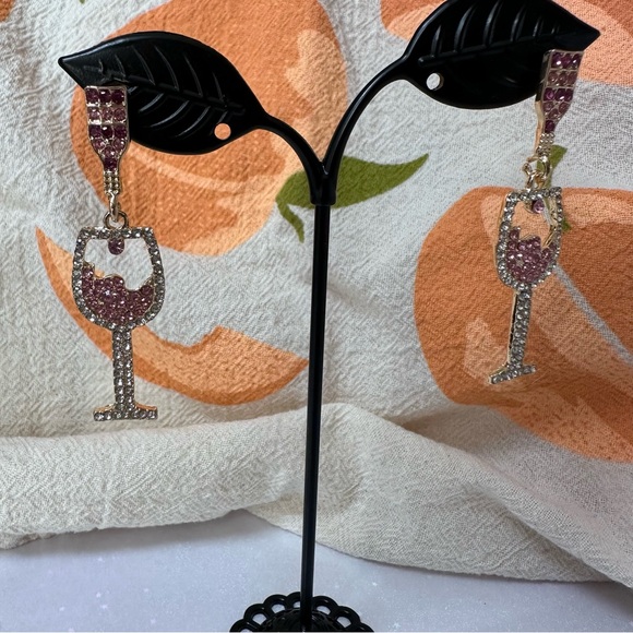Wine Glass Earrings with Pink and Clear Crystals - Picture 3 of 5